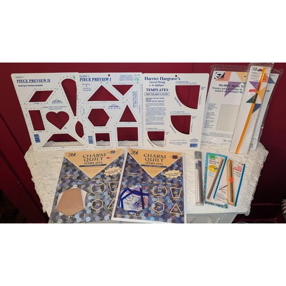 Vintage Quilting Lot 10 Templates Pencils Tools,‎ Mylar, Seamer, EZ